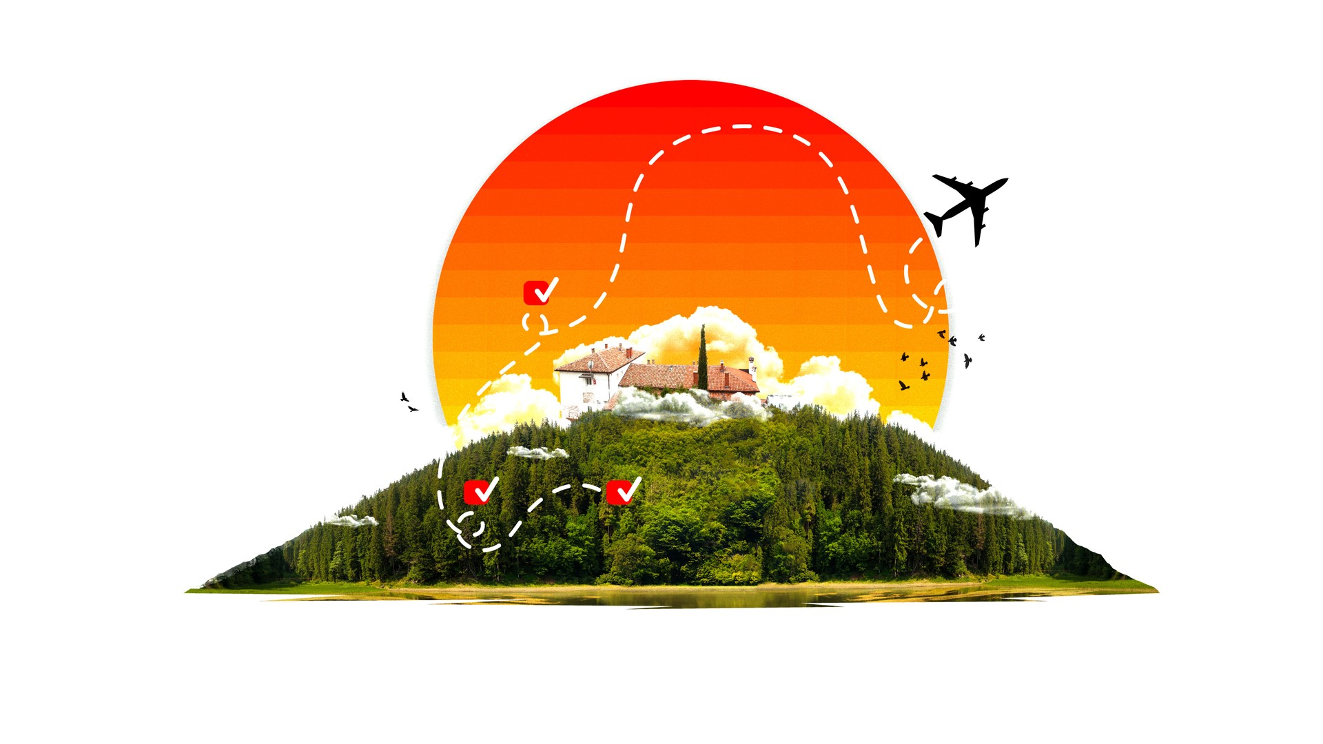 Europe travel. Beautiful village and nature landscape. Destination of your dream. Contemporary art collage.